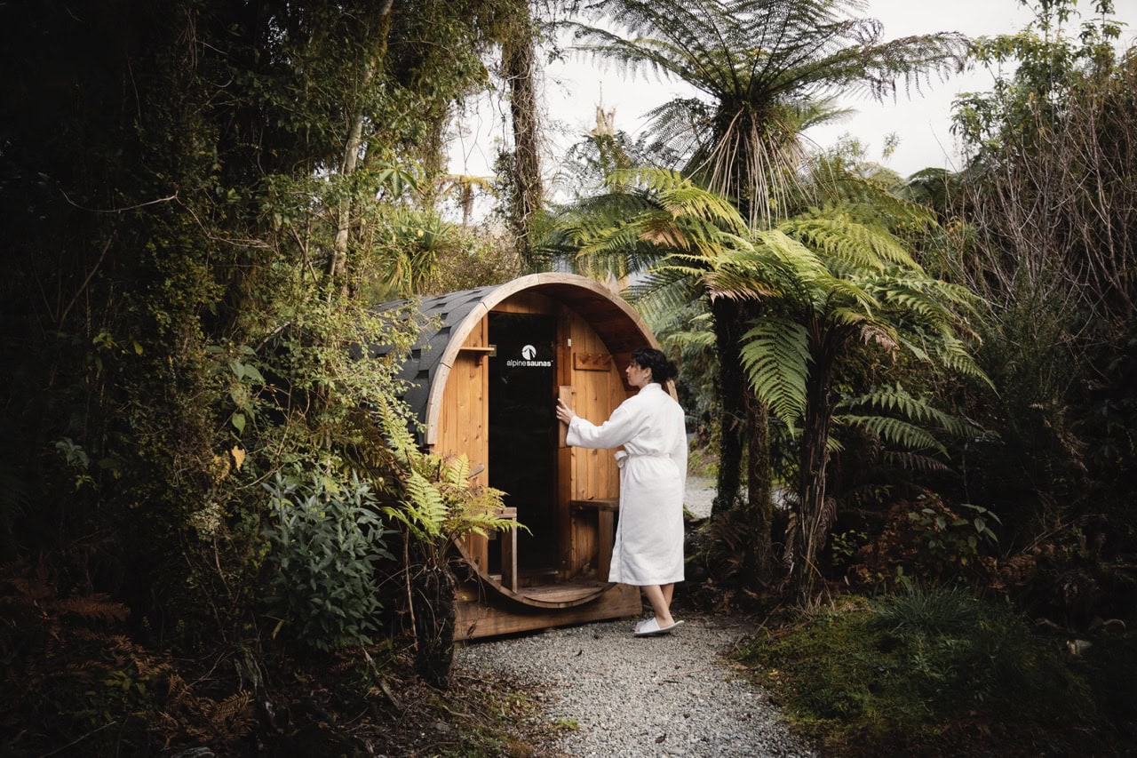 Franz Josef Accommodation Rainforest Retreat West Coast NZ10 Large Barrel Sauna At Rainforest Retreat West Coast New Zealand