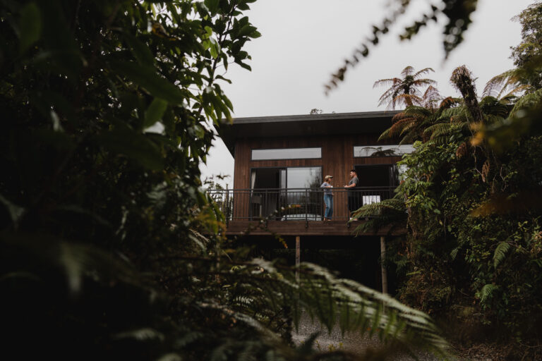 Rainforest Retreat accommodation in Franz Josef surrounded by native West Coast rainforest, with two guests standing on the balcony of a modern tree house.
